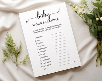 Word Scramble Baby Shower Game, Baby Shower Games Printable, Baby Shower Games Minimalist, Gender Neutral Baby Shower Activity,  M1