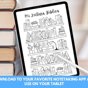 May include: A black and white digital illustration of a bookshelf filled with books. The books are labeled with the names of books from the Bible in Spanish. The text "Mi Lectura Biblica" is at the top of the image.