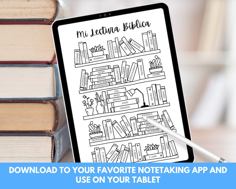 May include: A black and white digital illustration of a bookshelf filled with books. The books are labeled with the names of books from the Bible in Spanish. The text "Mi Lectura Biblica" is at the top of the image.