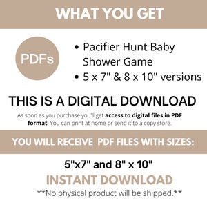 Pode incluir: Gr&aacute;fico de download digital com o texto "O QUE VOC&Ecirc; RECEBE" e "Pacifier Hunt Baby Shower Game". Ele tamb&eacute;m afirma que o jogo est&aacute; dispon&iacute;vel nas vers&otilde;es de 12,7 x 17,8 cm e 20,3 x 25,4 cm. O texto "ESTE &Eacute; UM DOWNLOAD DIGITAL" tamb&eacute;m est&aacute; presente.