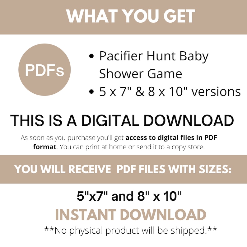 Pode incluir: Gr&aacute;fico de download digital com o texto "O QUE VOC&Ecirc; RECEBE" e "Pacifier Hunt Baby Shower Game". Ele tamb&eacute;m afirma que o jogo est&aacute; dispon&iacute;vel nas vers&otilde;es de 12,7 x 17,8 cm e 20,3 x 25,4 cm. O texto "ESTE &Eacute; UM DOWNLOAD DIGITAL" tamb&eacute;m est&aacute; presente.