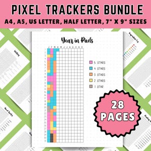 Könnte beinhalten: Ein druckbares Pixel-Tracker-Paket mit 28 Seiten in verschiedenen Größen, darunter A4, A5, US Letter, Half Letter und 7" x 9". Das Bild zeigt einen Jahres-Pixel-Tracker mit einem Raster aus 31 Zeilen und 12 Spalten, wobei jede Spalte einen Monat des Jahres darstellt. Der Tracker ist farbcodiert, wobei verschiedene Farben verschiedene Aktivitäts- oder Leistungsstufen repräsentieren. Das Bild zeigt auch andere Tracker, wie einen Stimmungstracker, einen Gewohnheitstracker und einen Schlaf-Tracker.