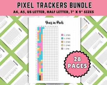 Yearly Pixel Tracker Bundle, Year in Pixels, Premade Bullet Journal Pages, Yearly Tracker, Anxiety Tracker, A4 A5 Half Letter, 7 x 9, letter