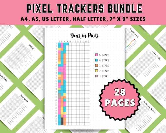 Yearly Pixel Tracker Bundle, Year in Pixels, Premade Bullet Journal Pages, Yearly Tracker, Anxiety Tracker, A4 A5 Half Letter, 7 x 9, letter