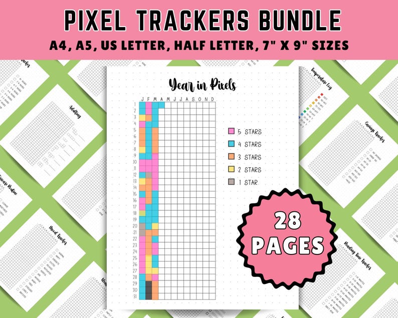 yearly pixel tracker bundle, bullet journal pixel trackers, a year in pixels, yearly trackers, anxiety tracker