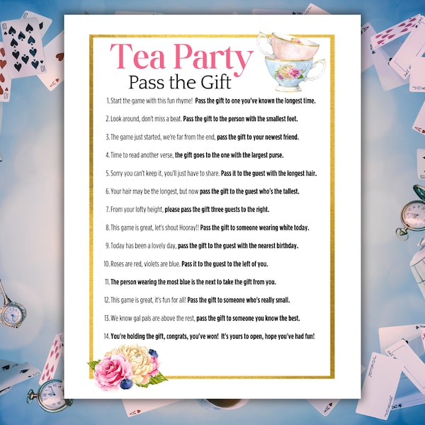 Pass the Prize Tea Party Game, Pass the Parcel, Pass the Gift Game, Pass the Present Poem, Tea Party Game for Adults, Pass the prize Rhyme