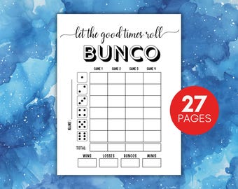Pacchetto di gioco Bunco minimalista, fogli segnapunti Bunco in bianco e nero, carte Bunco semplici, fogli di conteggio Bunco, gioco Bunco Let the Good Times Roll