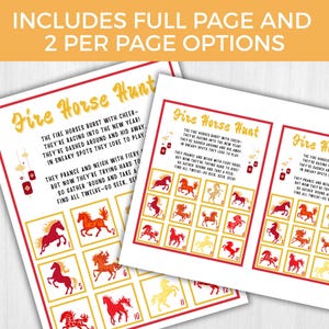 May include: Two printable sheets with the text "Fire Horse Hunt" in gold script. The sheets feature a poem and a grid of horse illustrations in red, orange, and yellow. The top of the image reads "INCLUDES FULL PAGE AND 2 PER PAGE OPTIONS."