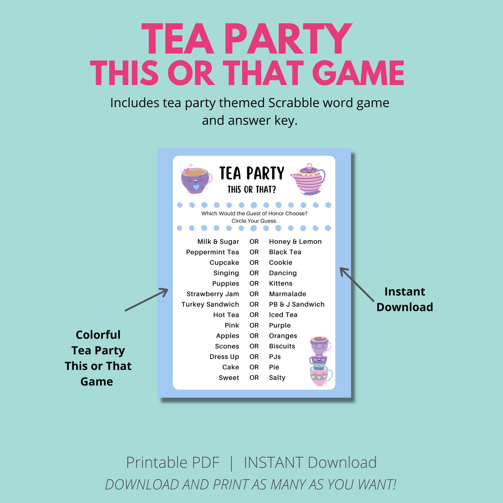 This or That Tea Party Game, INSTANT Download, Tea Party Games for Kids ...