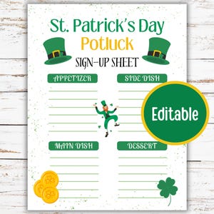 St Patricks Day Potluck Sign Up Sheet, Editable Potluck Signup Form, St Patricks Day Party Food Sign Up, Office Potluck, School Potluck Form