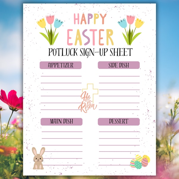 Easter Potluck Sign Up Sheet, Potluck Sign Up Form, Easter Party Menu, Easter Party Potluck form, Easter Activities,  Easter Classroom Party