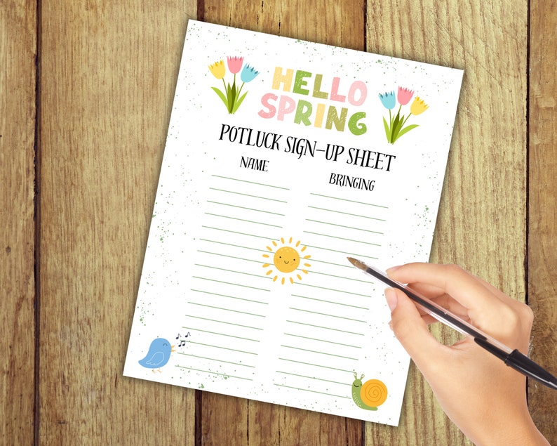 Spring Potluck Sign up Sheet, Spring Sign up Form, Potluck Sign up Form ...