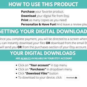 May include: A teal and white graphic with instructions on how to use a digital product from Etsy. The text includes steps like purchasing, downloading, printing, and personalizing. Additional sections detail how to access digital downloads.