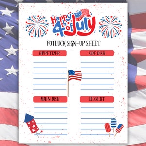July 4th Potluck Sign Up Sheet, 4th of July Sign Up Form, Independence Day potluck sign up form, July 4th Party Potluck Signup, Patriotic