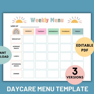 Könnte beinhalten: Eine weiße Tagespflege-Menüvorlage mit einer Regenbogen- und Sonnengrafik. Die Vorlage enthält Abschnitte für Frühstück, Mittagessen und Snacks, mit Wochentagen oben. Der Text enthält "Weekly Menu", "Instant Download", "Editable PDF" und "3 Versions".