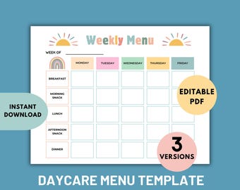 Home Daycare Weekly Menu Editable, Weekly meal planner, Preschool Menu, Home School Meal Planner, Daycare Template, editable menu day care