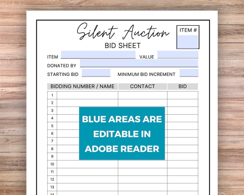 Editable Silent Auction Bid Sheet, Silent Auction Sign up Sheet, Silent ...