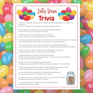 May include: A colorful trivia game about Jelly Belly jelly beans. The game includes questions about the history, flavors, and trivia of the popular candy. The image features a jar of jelly beans and a background of scattered jelly beans.