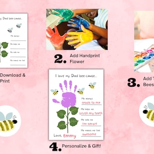Puede incluir: Un modelo de manualidad para el D&iacute;a del Padre con instrucciones. Los pasos incluyen descargar, imprimir, agregar una flor de huellas de manos, abejas de huellas de pulgar y personalizar la obra de arte. El producto final es una flor de huellas de manos con un tema de abejas.