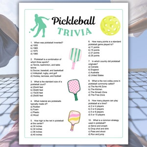 May include: A printable pickleball trivia quiz with 10 questions and multiple choice answers. The quiz features illustrations of pickleball paddles and a pickleball.