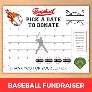 Baseball Fundraiser Calendar, Pick a Date to Donate Calendar, Cash Calendar, Baseball Team Fundraiser, Baseball Fundraising Calendar