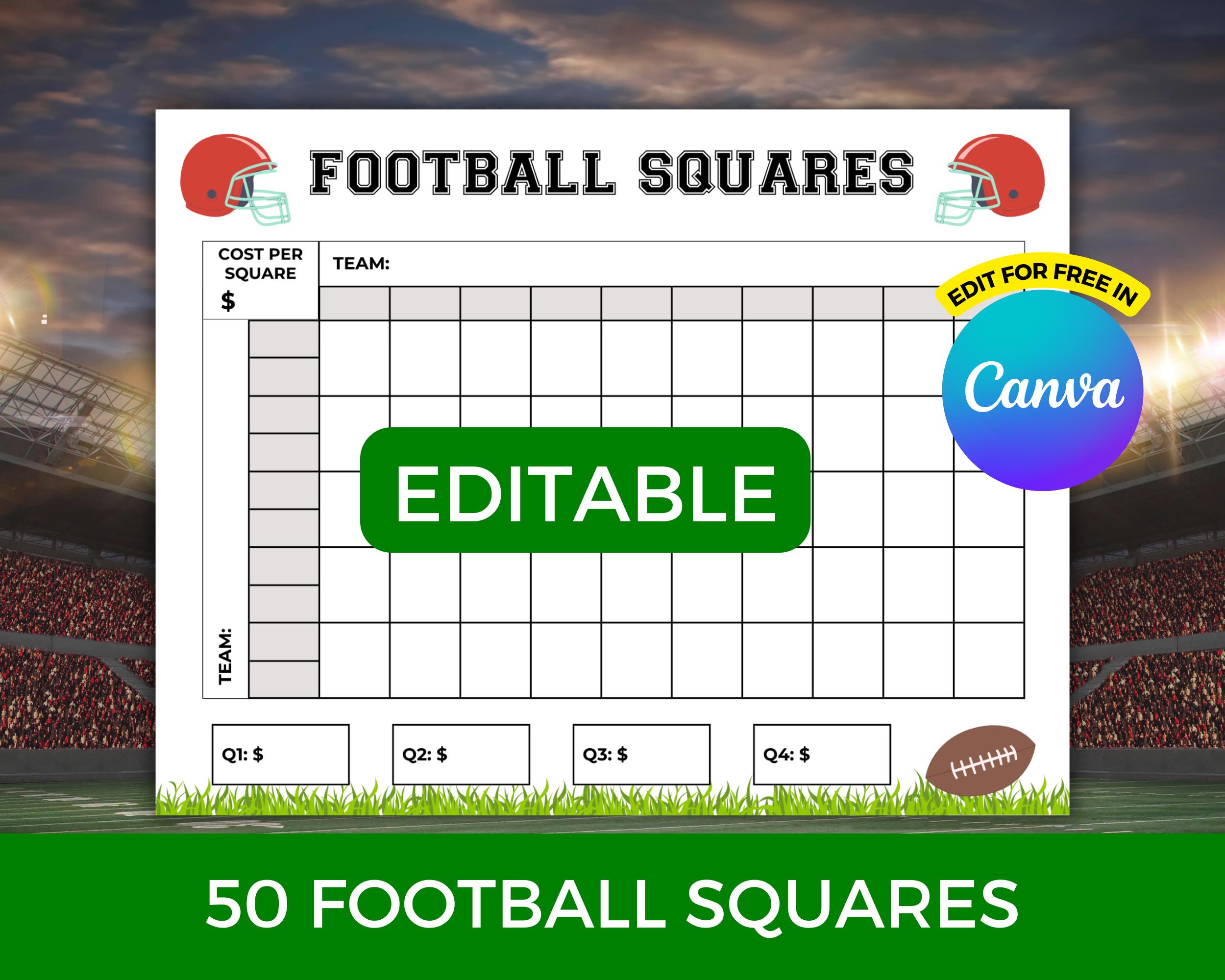 50 Football Squares Printable, Football Fundraiser, Football Grid, Football Party Games, Football Betting Game, Football Pool Template