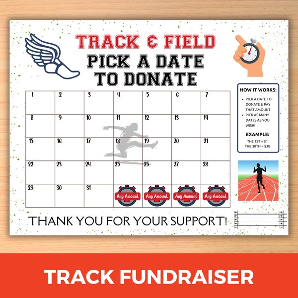 Track Fundraiser Calendar, Pick a Date to Donate Calendar, Cash Calendar, Track Team Fundraiser, Track and Field Fundraising Calendar