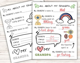 Tout sur mon grand-père imprimable, fête des pères à imprimer pour les enfants, imprimable Tout sur mon grand-père à remplir les espaces vides, activité pour enfants à colorier, FD1