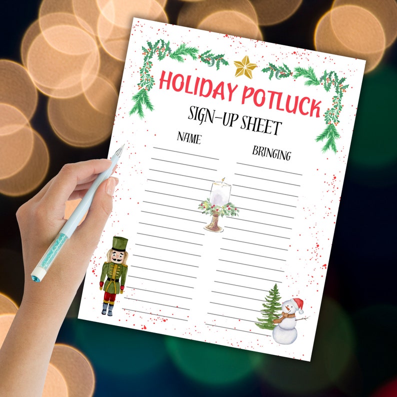 May include: A printable sign-up sheet for a holiday potluck. The sign-up sheet has a white background with red and green festive decorations. The text "HOLIDAY POTLUCK SIGN-UP SHEET" is at the top of the sheet. The sheet has two columns labelled "NAME" and "BRINGING".
