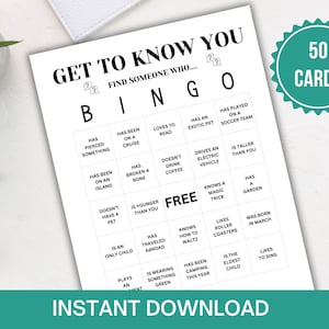 Get to Know You Bingo, 50 CARDS, Find Someone Who, Find the Guest Bingo, Icebreaker Bingo, Mingle Bingo, Icebreaker Activity, Human Bingo