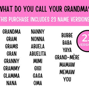 May include: A pink and white graphic with the text "WHAT DO YOU CALL YOUR GRANDMA?" and a list of 23 names for grandmothers, including "Grandma," "Nanny," and "Bubbe." A pink circle with the number "23" is also present.