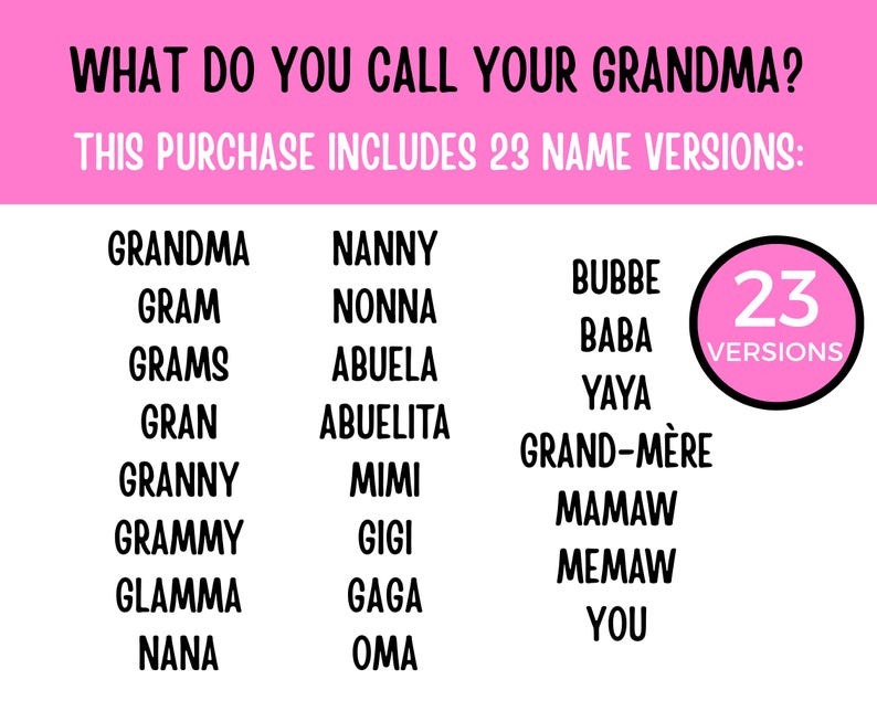 May include: A pink and white graphic with the text "WHAT DO YOU CALL YOUR GRANDMA?" and a list of 23 names for grandmothers, including "Grandma," "Nanny," and "Bubbe." A pink circle with the number "23" is also present.