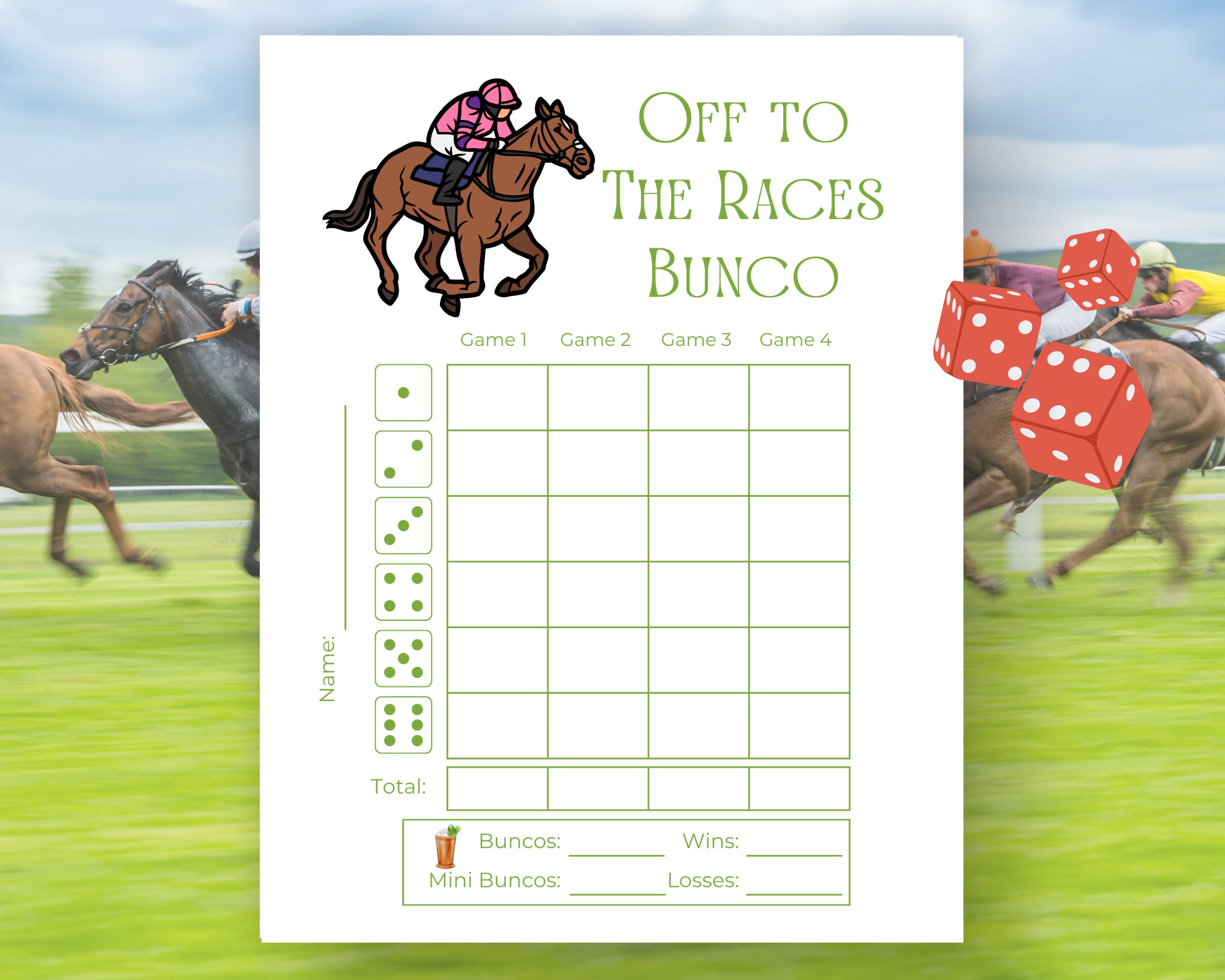 Derby Bunco Score Sheets, Horse Racing Bunco Sheets, Mint Julep Bunco Game, Lucky Bunco Cards
