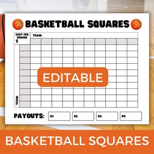 Puede incluir: Una hoja de juego de cuadrados de baloncesto imprimible en blanco con una cuadrícula, gráficos de baloncesto naranja y la palabra "EDITABLE" en un rectángulo naranja. El texto "BASKETBALL SQUARES" está en la parte superior e inferior.