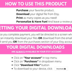 以下が含まれることがあります： Etsyからデジタルファイルをダウンロードする方法が書かれたピンクと白のグラフィック。テキストには、「この製品の使い方」、「デジタルダウンロードの入手方法」、「デジタルダウンロード」と記載されています。
