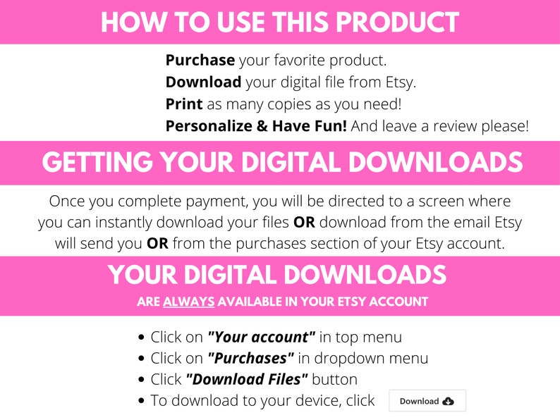以下が含まれることがあります： Etsyからデジタルファイルをダウンロードする方法が書かれたピンクと白のグラフィック。テキストには、「この製品の使い方」、「デジタルダウンロードの入手方法」、「デジタルダウンロード」と記載されています。