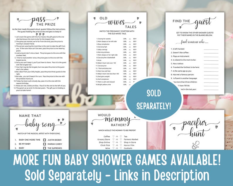 Może przedstawiać: Zestaw kart do gier na baby shower o r&oacute;żnych motywach, w tym "Przekaż nagrodę", "Opowieści starych żon" i "Znajdź gościa". Karty są białe z czarnym tekstem i ozdobnymi sercami. Tekst "Sprzedawane osobno" znajduje się w niebieskim okręgu.