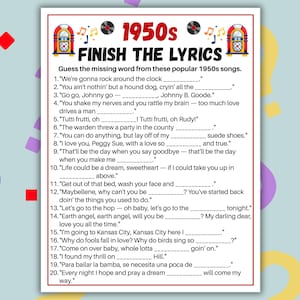 May include: A white game sheet titled 1950s FINISH THE LYRICS featuring two jukebox illustrations, vinyl records, and musical notes. The sheet contains a numbered list of twenty 1950s song lyrics with blank spaces for players to fill in the missing words.