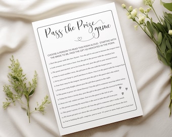 Pass the Prize Bridal Shower Game, Pass the Gift Poem, Pass the Parcel Bridal Shower Ice Breaker Game, Minimalist Bridal Shower Game, B1