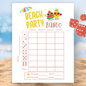 Folhas de pontuação de Bunco para festa na praia, Cartões de pontuação de Bunco de verão, Jogo de Bunco de verão, Cartões de Bunco Babe, Festa de Bunco de verão, Noite de Bunco de festa na praia