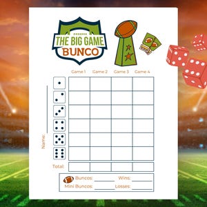 Football Bunco Game, Big Game Printable Bunco Score Cards, Big Game Bunco, Big Game Party Games, Football Bunco Invitation, College Football