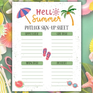 Summer Potluck Sign Up Sheet, Sommer-Anmeldeformular, Potluck Sign-up-Form, Sommerpause Potluck Sign-up-Form, Sommerparty Potluck Signup-Formular