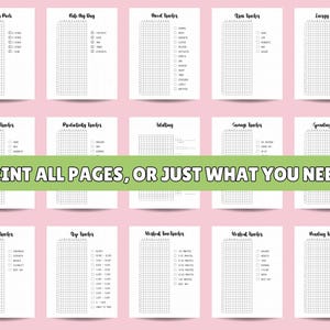 May include: Printable planner pages featuring a range of trackers, including mood, sleep, water, habit, productivity, reading, savings, spending, workout, and time trackers. The pages are designed with a grid layout and are ready to be printed and used.