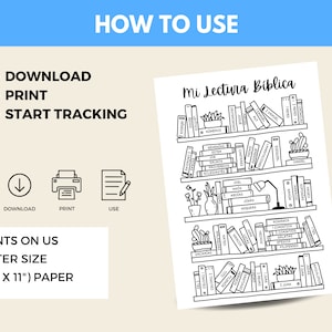 May include: A black and white printable Bible reading tracker with the title "Mi Lectura Biblica". The tracker features a bookshelf with different books of the Bible listed on the spines. The tracker is designed to be printed on 8.5 x 11 inch paper.