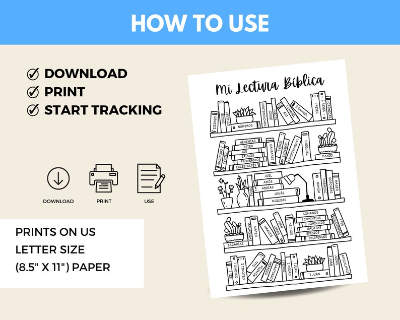 May include: A black and white printable Bible reading tracker with the title "Mi Lectura Biblica". The tracker features a bookshelf with different books of the Bible listed on the spines. The tracker is designed to be printed on 8.5 x 11 inch paper.