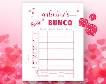 May include: A printable Galentine's Day Bunco scorecard in pink and white. The scorecard is titled "Galentine's Bunco" and has spaces for players to record their scores for each game. There are also spaces for players to record their total score, number of buncos, mini buncos, wins, and losses.