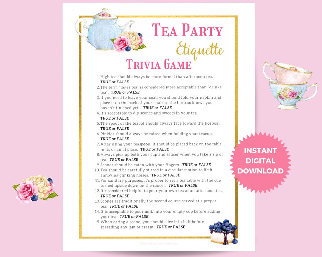 High Tea Trivia Tea Party Trivia Game, Tea Party Etiquette Game, Ladies Tea Party Game ...