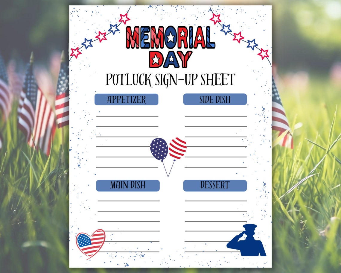 Memorial Day Potluck Sign up Sheet, Potluck Sign up Form, Memorial Day ...