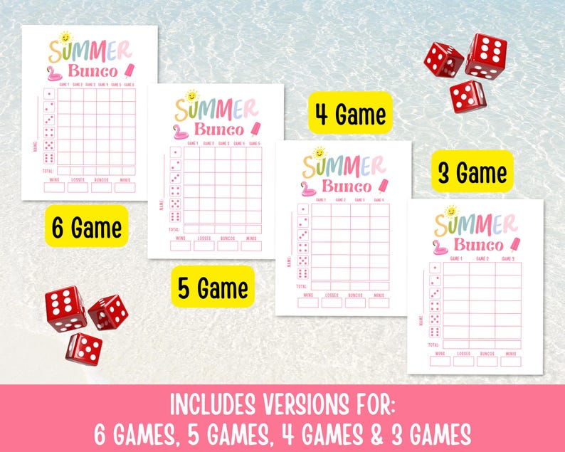Summer Days Bunco Score Sheets, June Bunco Score Cards, June Bunco Game, Bunco Babe Cards, June Bunco Party, Summer Bunco Night Dice Game image 3