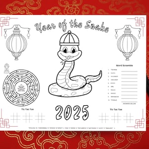 Lunar New Year Coloring Placemat, 2025 Year of the Snake Coloring Page, Chinese New Year Coloring Activity Page, snake coloring page
